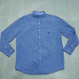 Chaps Button Up Shirt Men Sz Large Blue Plaid Easy-Care Cotton Blend Long Sleeve